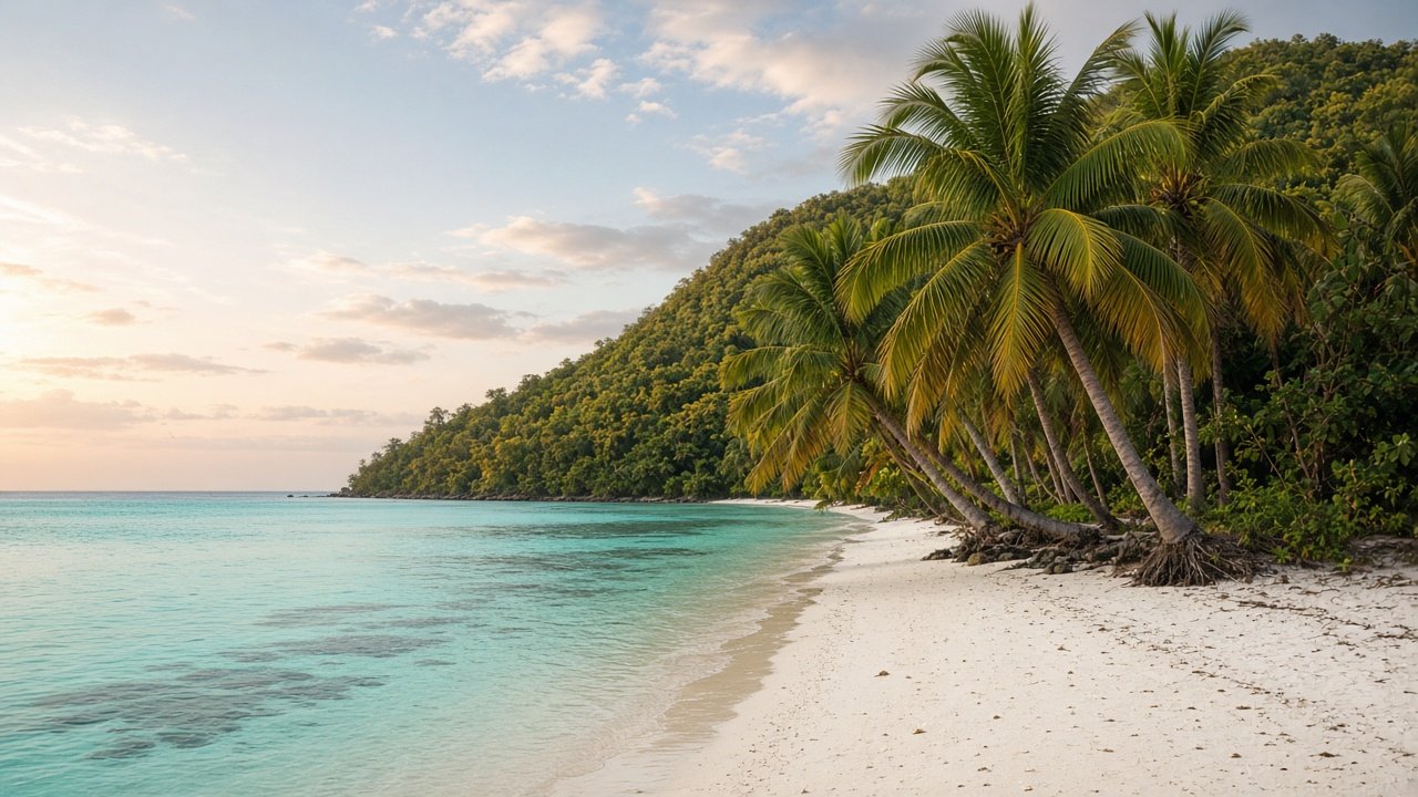 A quiet beach and coconut palms on a green island coast.