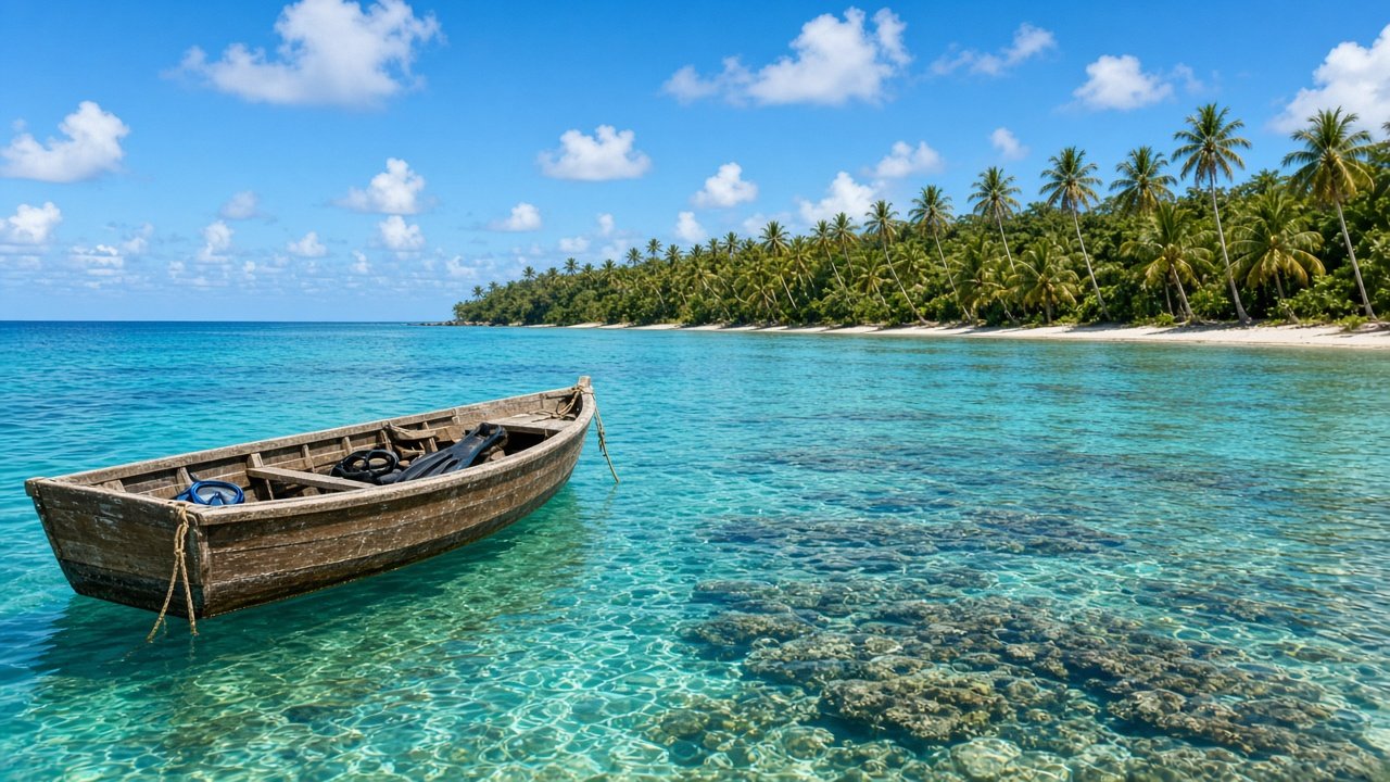 A small wooden boat on clear reef water.