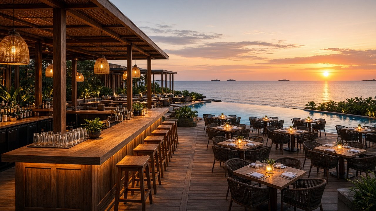 Study of one open-air restaurant and bar beside a pool at dusk.